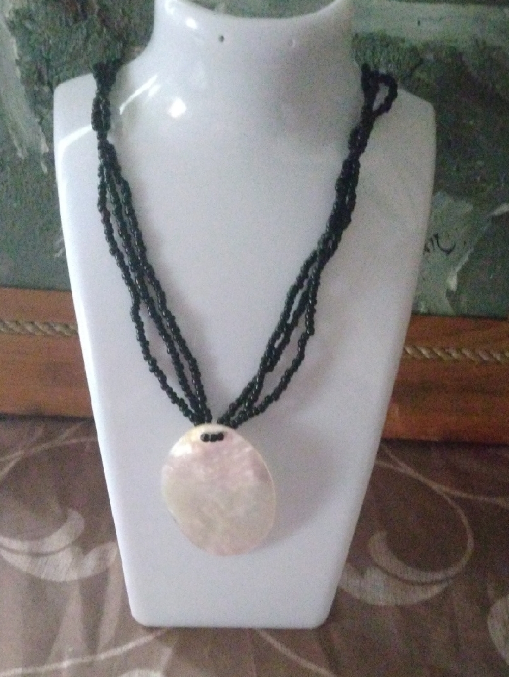 Handmade Black Beaded Necklace with Mother Of Pearl Shell Pendant